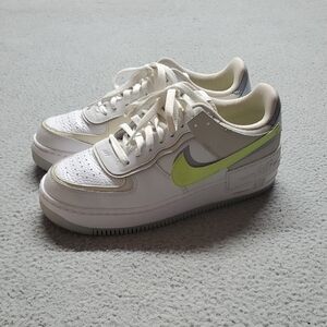 Nike Women's Air Force Sneakers White with Neon Yellow Swoosh Size 10